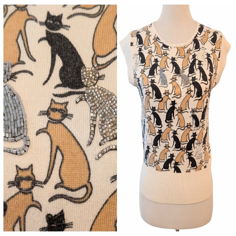 Jessica By Christopher L Womens Size M Allover Kitty Cat Beaded Print Vest Top